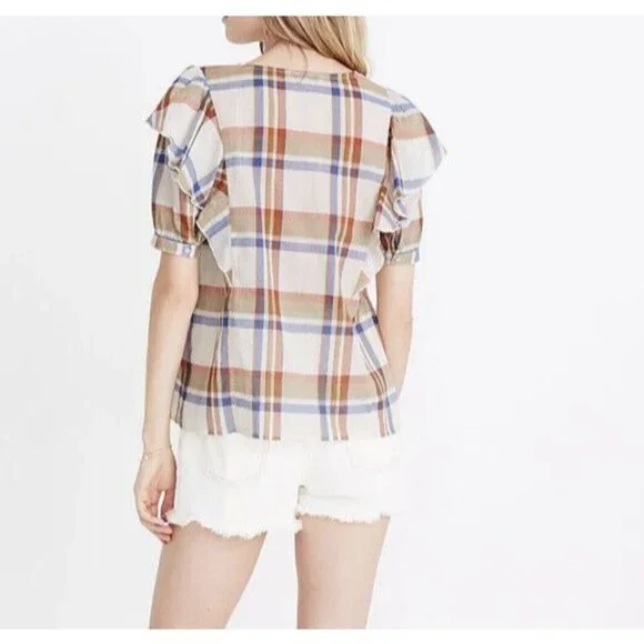EUC Womens Madewell V Neck Shoulder Ruffle Top‎ In Plaid Short Sleeve Size L - Picture 2 of 10